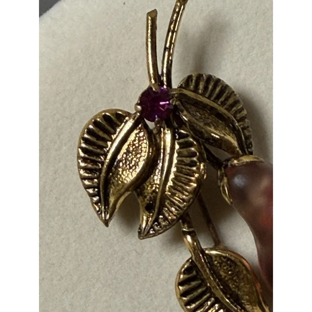 Vintage Lucite Brooch Austria Pink Crystal Figural Pear Fruit Gold Tone  1950s